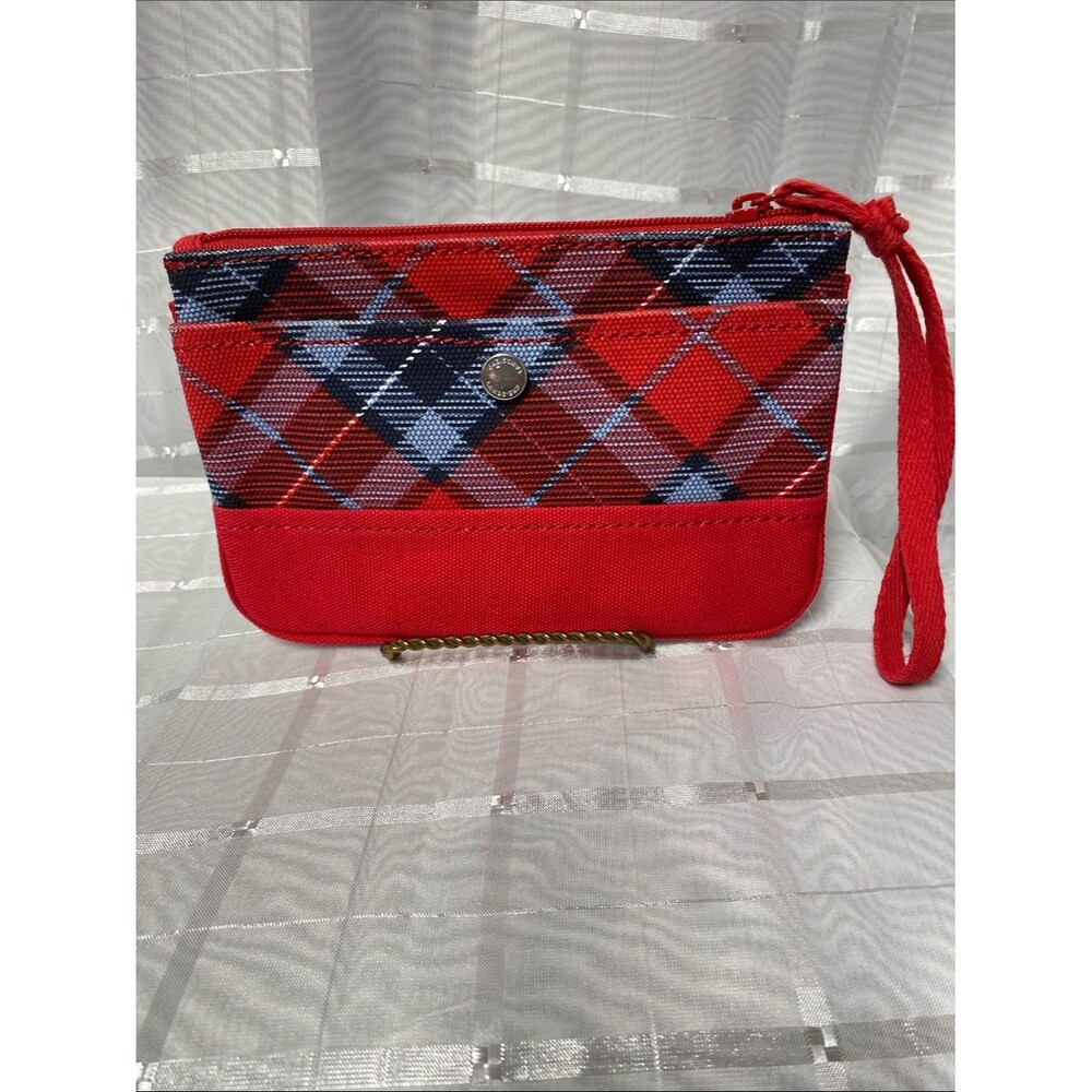 Lands' End Red Plaid Wristlet Clutch with Navy and Light Blue Accents